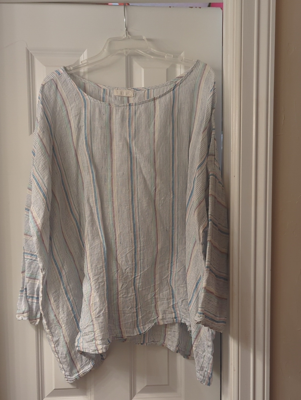 Lightweight Striped Boatneck Linen Top in White with Pastel Stripes